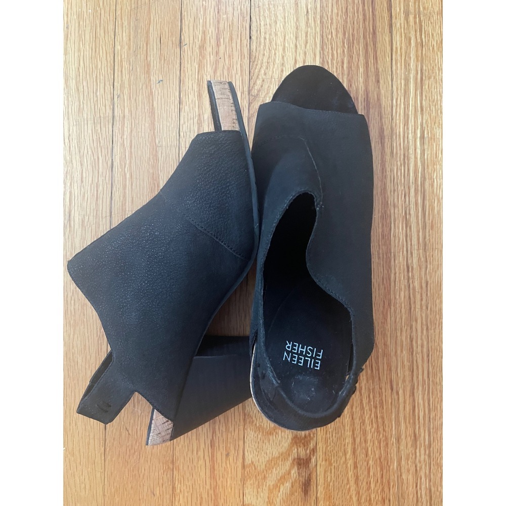 Eileen Fisher Black Suede‎ Leather Open Toe Slingback Cork Heel Mules